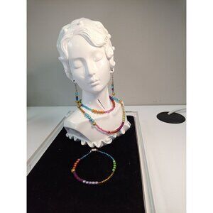 Handmade Rainbow & Gold Color Blocked Glass Bead Necklace Bracelet Earrings Set